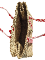 Sac Cabas Panier Artisanal avec Sangle Tissu et Fermeture Cuir - Rouge, tressé en feuille de palmier, à l'aspect brut pour un côté chic et bohème