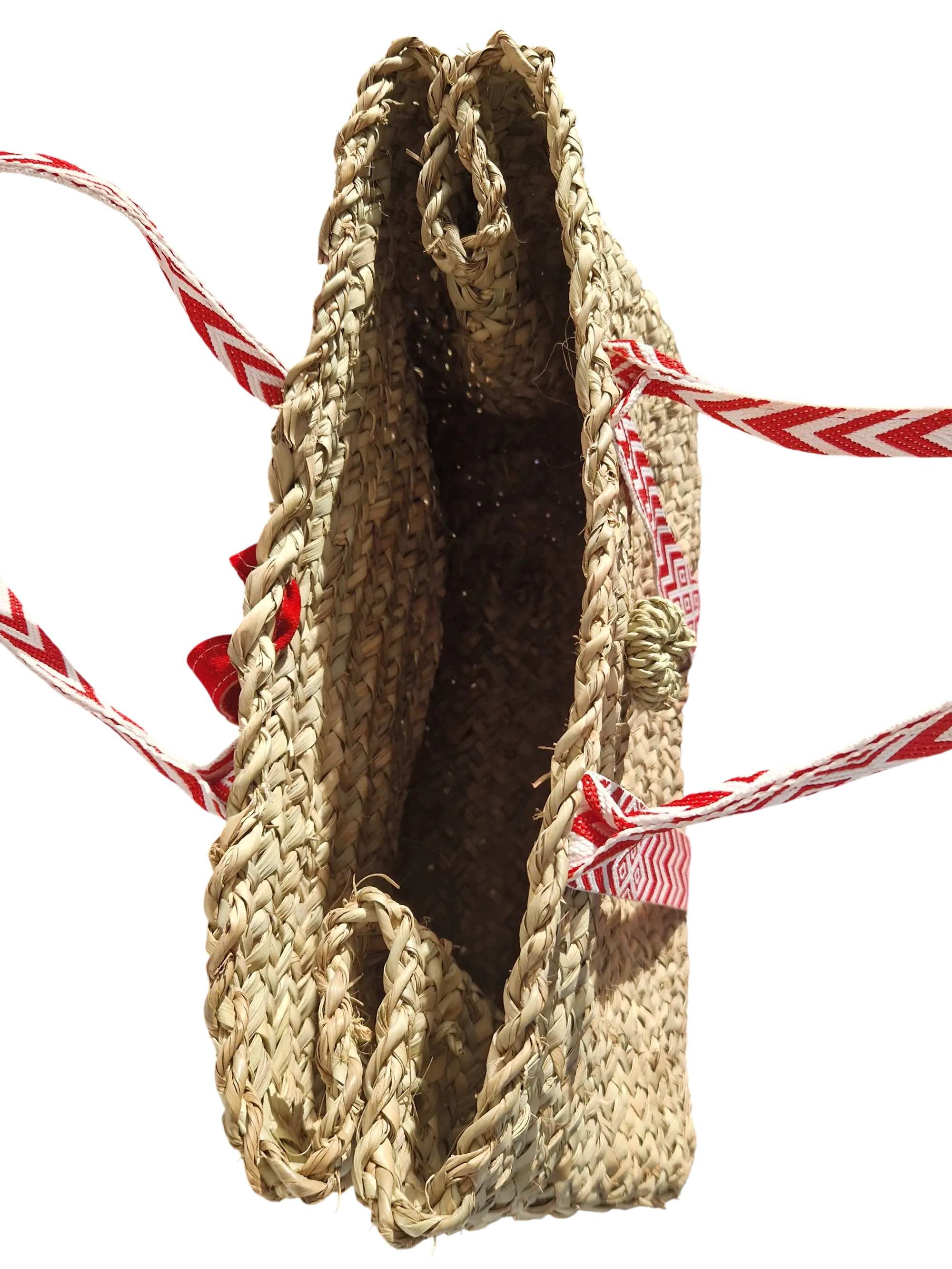 Sac Cabas Panier Artisanal avec Sangle Tissu et Fermeture Cuir - Rouge, tressé en feuille de palmier, à l'aspect brut pour un côté chic et bohème