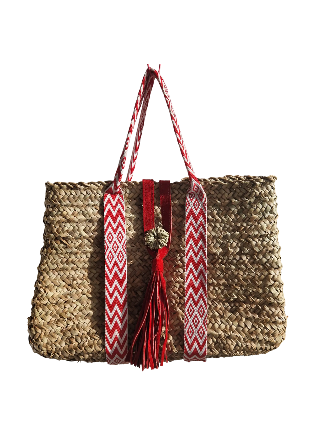 Sac Cabas Panier Artisanal avec Sangle Tissu et Fermeture Cuir - Rouge, tressé en feuille de palmier, à l'aspect brut pour un côté chic et bohème
