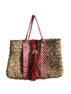 Sac Cabas Panier Artisanal avec Sangle Tissu et Fermeture Cuir - Rouge, tressé en feuille de palmier, à l'aspect brut pour un côté chic et bohème